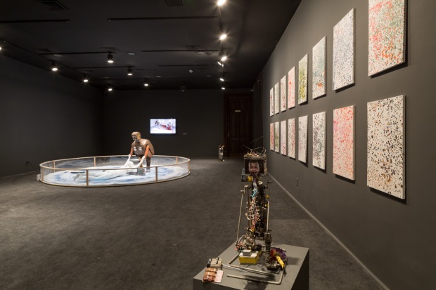 Installation view of Yves Klein’s Living Brush, Cai Guo-Qiang Fire Ignition Robot, and Dot-Painting Damien Hirst as part of Wu Yulu’s Robot Factory, Centro Cultural Banco do Brasil, Rio de Janeiro, 2013 Photo by Joana França